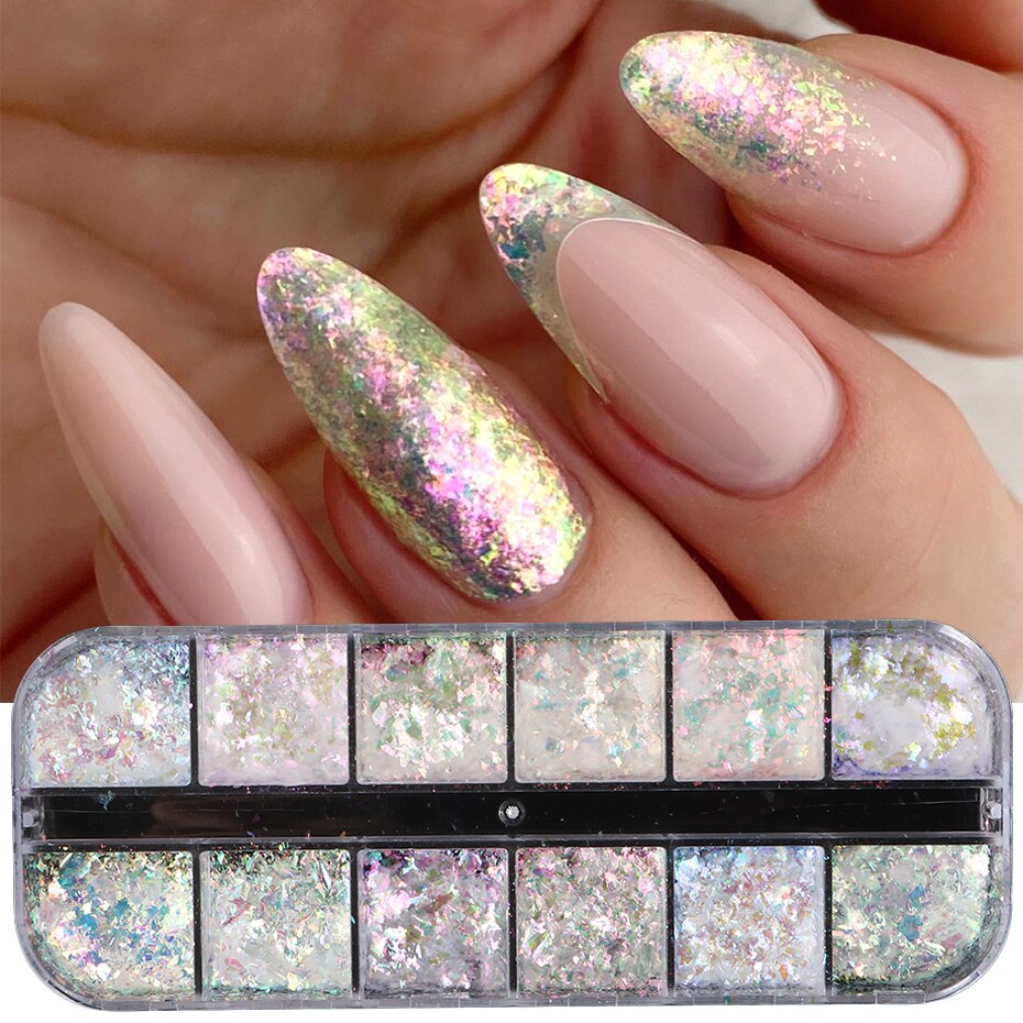12 Gitter Perlweiß Chrom Nagel, Pigment UV Gel Nagellack