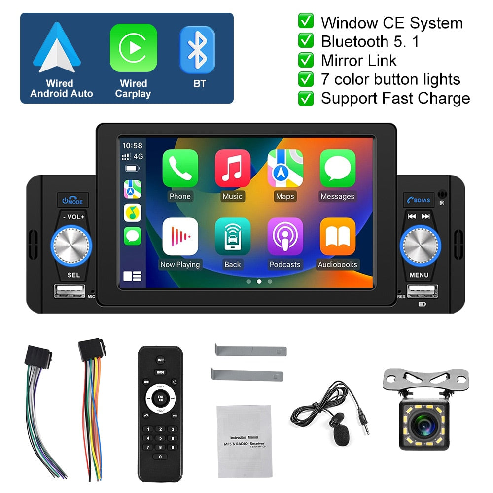 Podofo 5 zoll Auto Radio 1 Din CarPlay, Android Auto Multimedia Player Bluetooth MirrorLink, FM Empfänger für Volkswagen Nissan