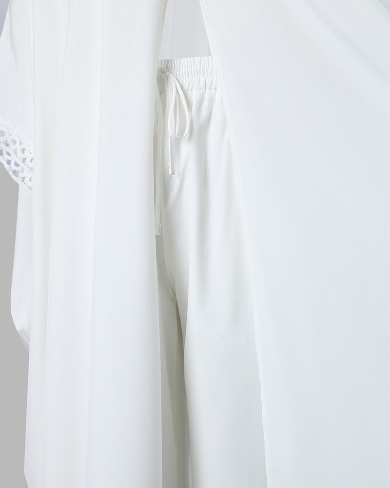 Langes Top mit kontrastierender Spitze und hohem Schlitz mit Hosen-Set