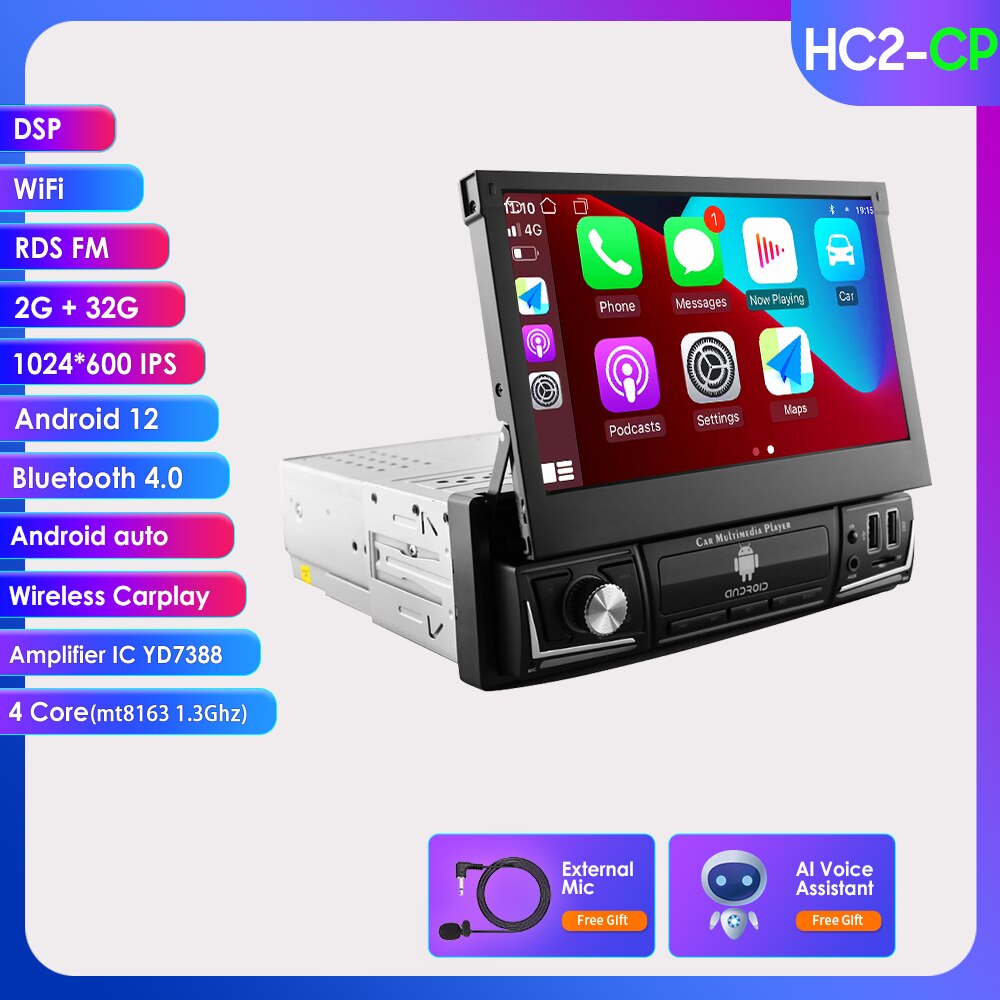 Hizpo Android 12 Universal 1din Autoradio, CarPlay GPS Navigation, Multimedia Player 1 Din Stereo 7 Zoll manuell einziehbarer Bildschirm