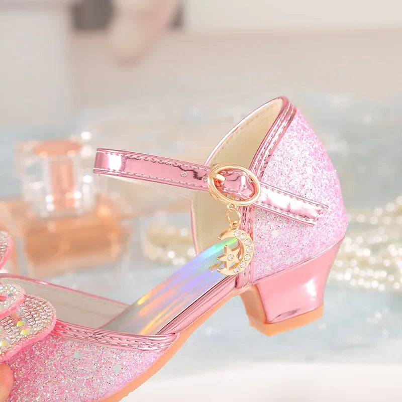 Summer Girls Sandals With Heel Fashion Rhinestone Shiny Glitter Shoes Children Princess Bowtie Pearl Dancing Shoes H876