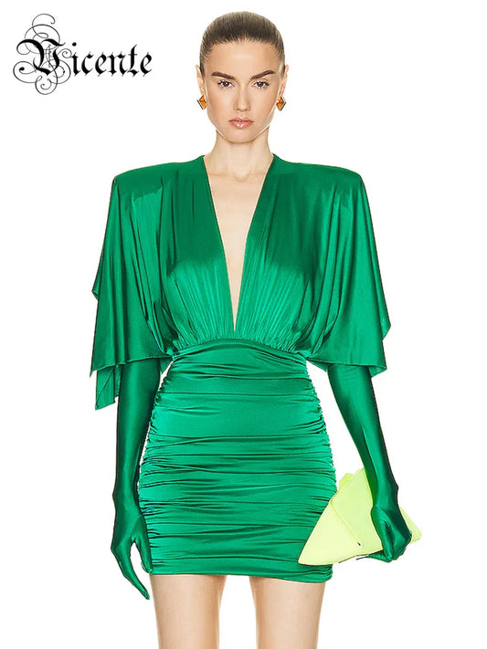 Fashion Streetwear Damenkleid für besondere Anlässe, sexy V-Ausschnitt, drapiertes Design, grünes, schlankes, dünnes Minikleid mit Handschuhen