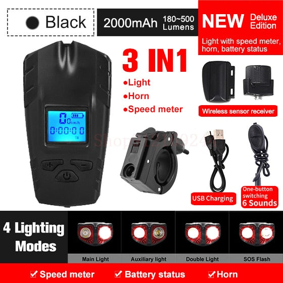 Fahrradlicht, USB wiederaufladbar, Fahrrad-Kilometerzähler, Frontlicht, Taschenlampe mit Computer, LCD-Tachometer, Radfahren, Kopf, Laterne, Horn