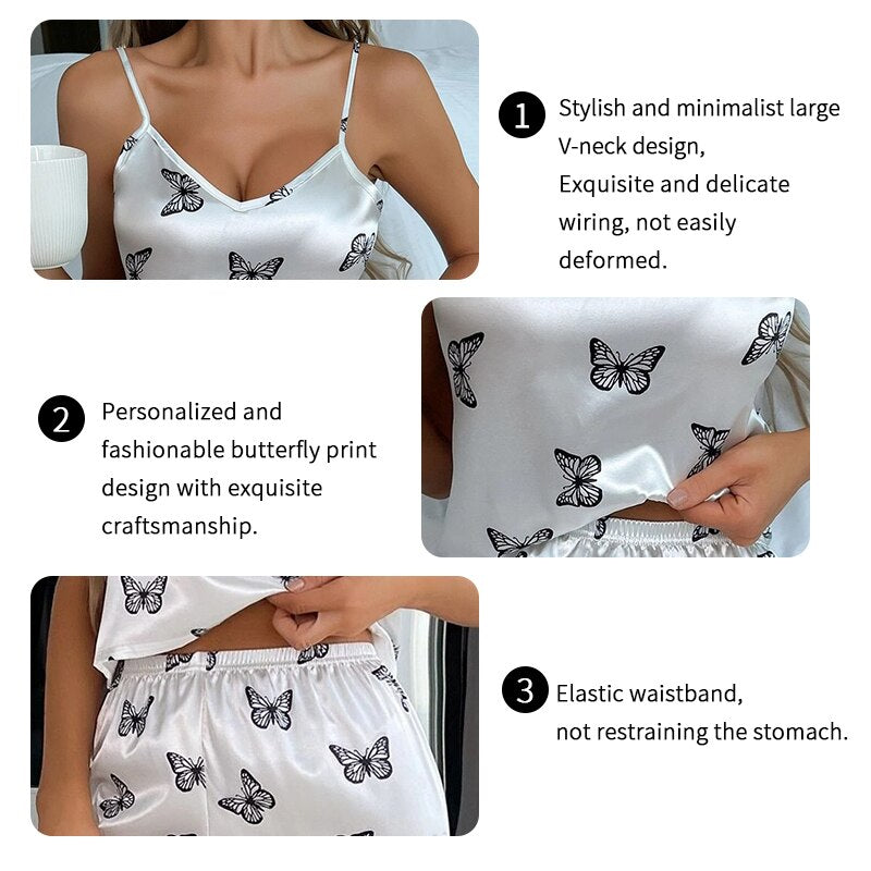 Damen-Pyjama-Set mit Schmetterlingsdruck, Cami-Top mit Hose, Satin-Pyjama-Set