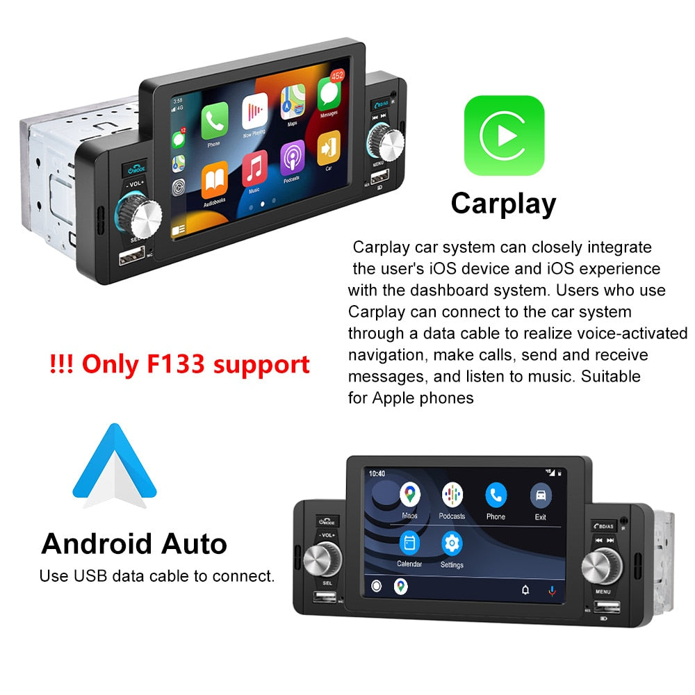 Podofo 5 zoll Auto Radio 1 Din CarPlay, Android Auto Multimedia Player Bluetooth MirrorLink, FM Empfänger für Volkswagen Nissan