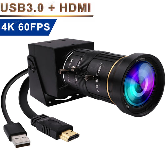 ELP 60FPS 4K USB 3.0 HDMI-Kamera mit 5-50 mm manuellem 10-fach-Zoomobjektiv, IMX415 H.264 USB-Sicherheits-Webcam für die Anzeige von Computermonitoren