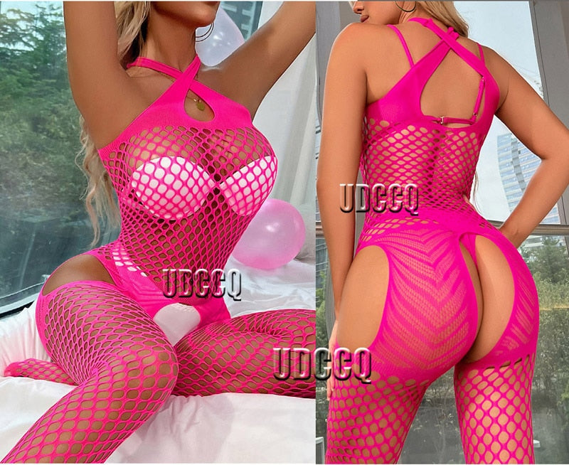 Sexy gehäkelte Fischnetz-Cosplay-Dessous, Nachtwäsche, sexy Kleid in fluoreszierendem Rosa