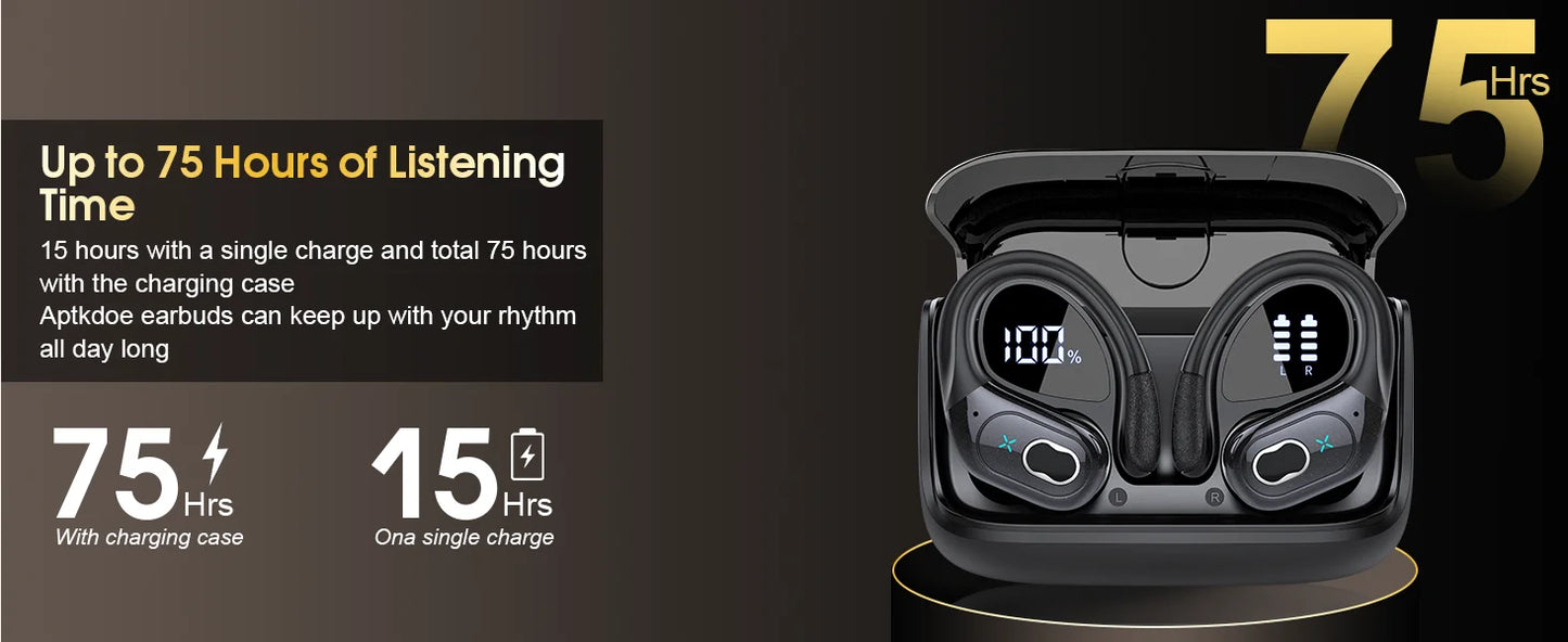 Bluetooth 5.3 Headphones 2024 Wireless Earbuds 75hrs Sport Bluetooth Earphone with Noise Cancelling Mic IPX7 Waterproof Headsets