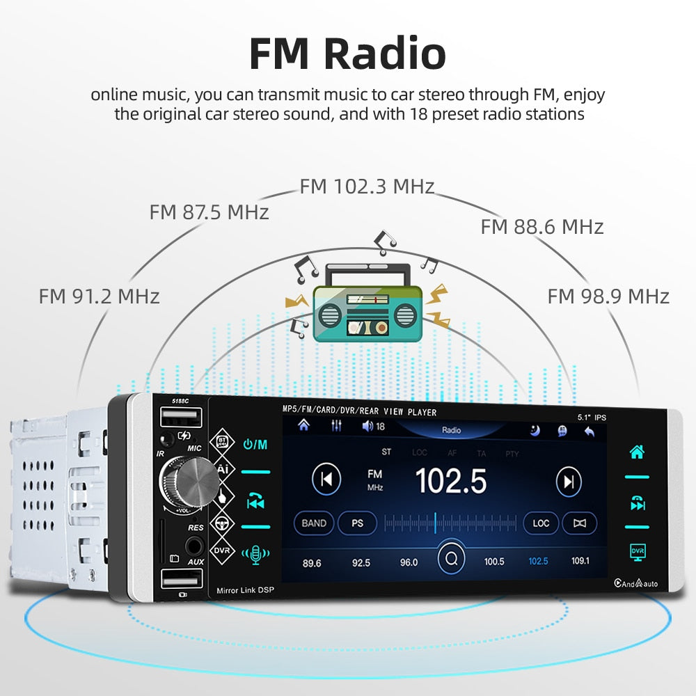 Podofo 1DIN MP5 Player Touch Autoradio FM 4-USB 5,1 Zoll, Unterstützt Android Mirrorlink Bluetooth Carplay Autoradio DVR