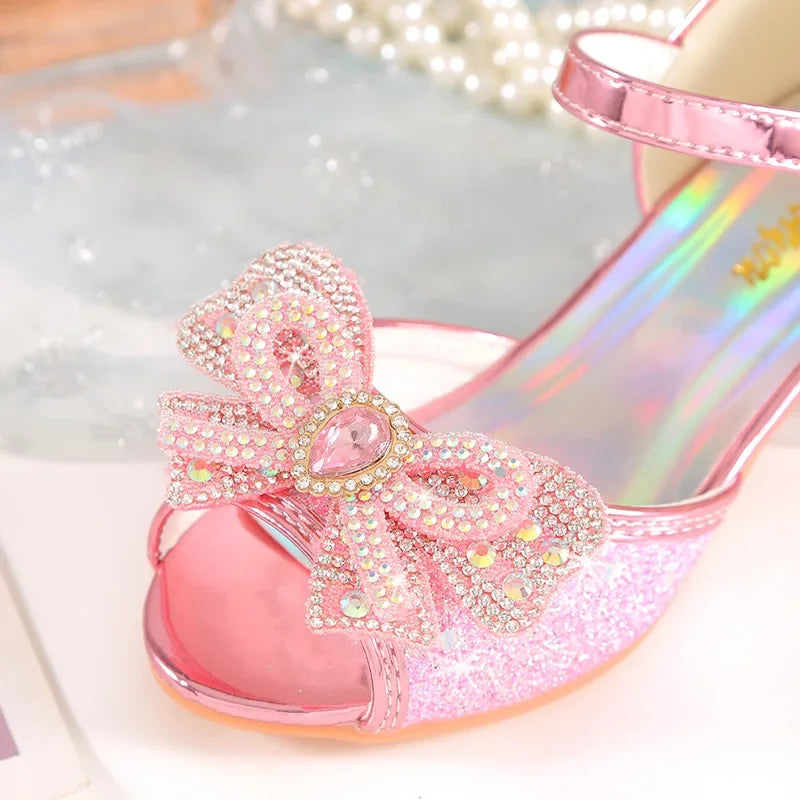 Summer Girls Sandals With Heel Fashion Rhinestone Shiny Glitter Shoes Children Princess Bowtie Pearl Dancing Shoes H876