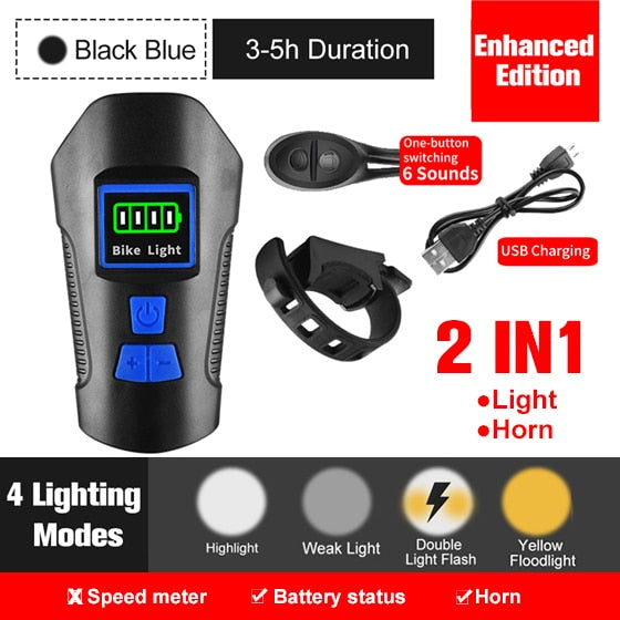 Fahrradlicht, USB wiederaufladbar, Fahrrad-Kilometerzähler, Frontlicht, Taschenlampe mit Computer, LCD-Tachometer, Radfahren, Kopf, Laterne, Horn