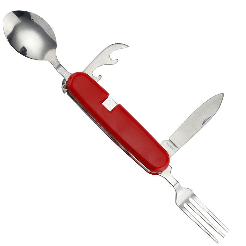 4 in 1 Multifunktionales Outdoor-Geschirr aus Edelstahl, faltbar, Gabel, Löffel, Messer, ideal für Picknick, Camping, Wandern, Reisen