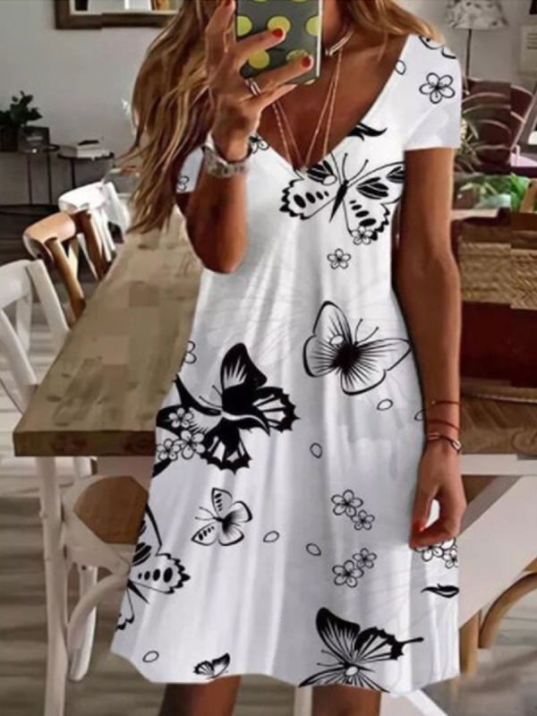2023 Sommer Damen Mini Kleid mit V-ausschnitt, Kurzarm Kleid mit Sexy Blumen Druck