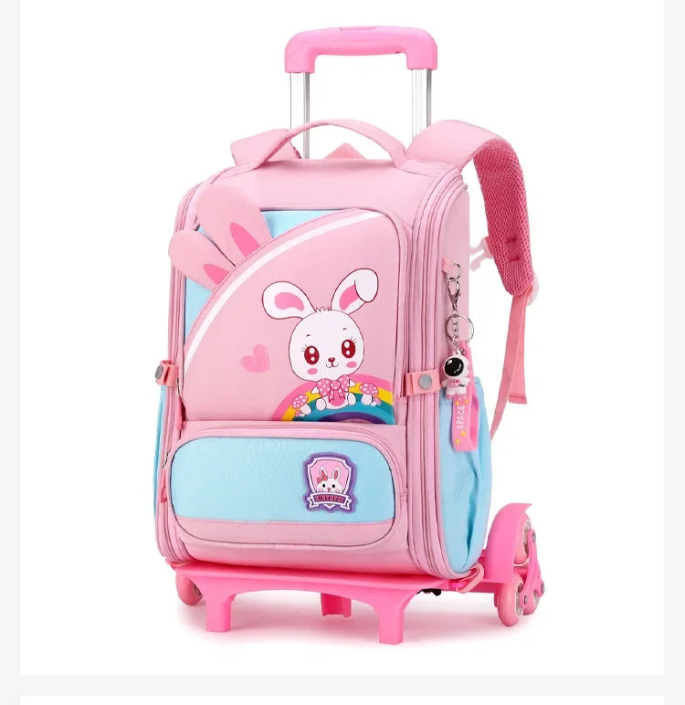 Children's Fashion Cartoon School Bags with 6 Wheels Trolley Backpack Teenagers Girls Rolling Backpack Students Kids Backpack