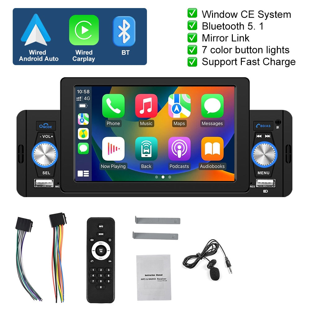 Podofo 5 zoll Auto Radio 1 Din CarPlay, Android Auto Multimedia Player Bluetooth MirrorLink, FM Empfänger für Volkswagen Nissan