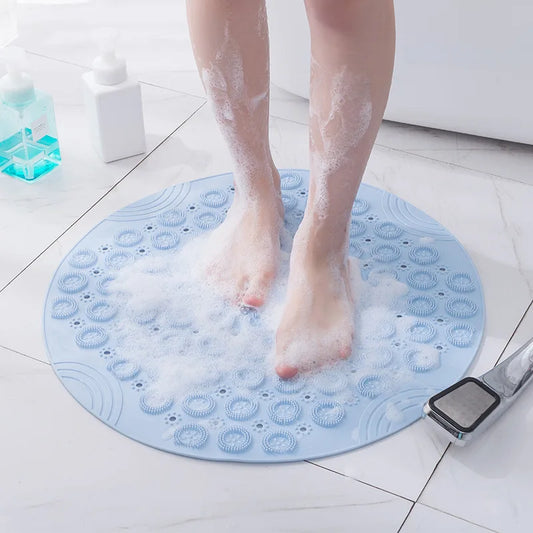 Badematte mit Antirutsch-Saugnäpfen, Runde PVC-Badematte mit Abflussloch & Fußmassagepad