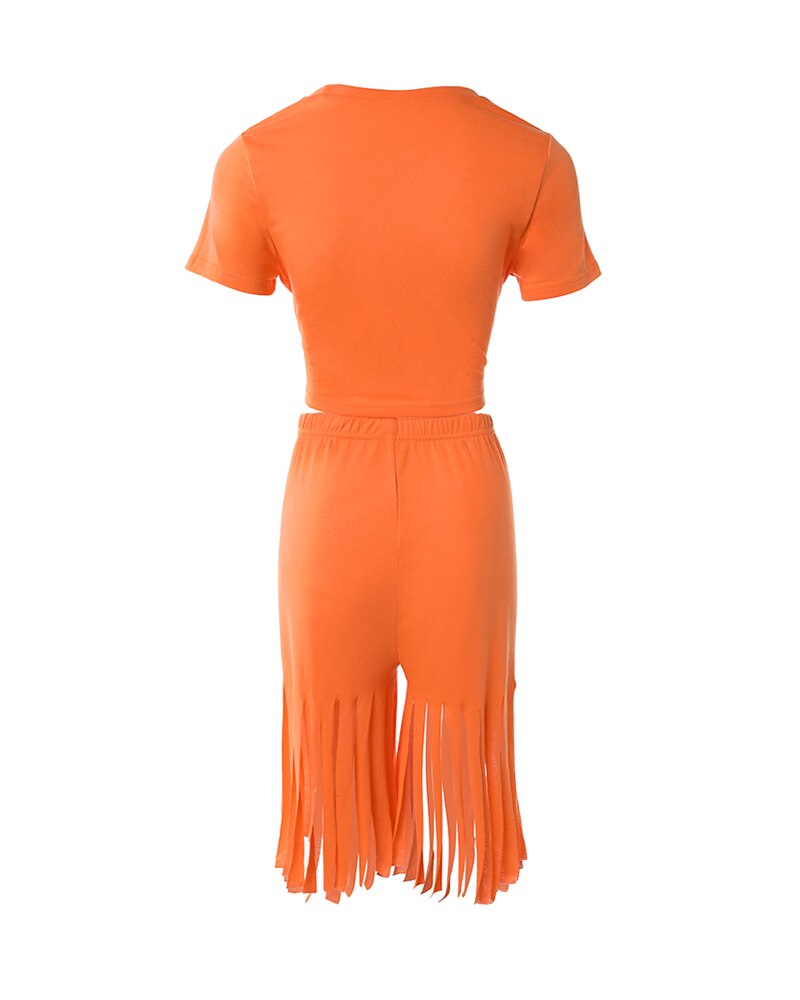 Damen 2-teiliger Kleidungsanzug, einfarbig, kurzärmelig, Shorts-Set mit Quastenbesatz und hoher Taille