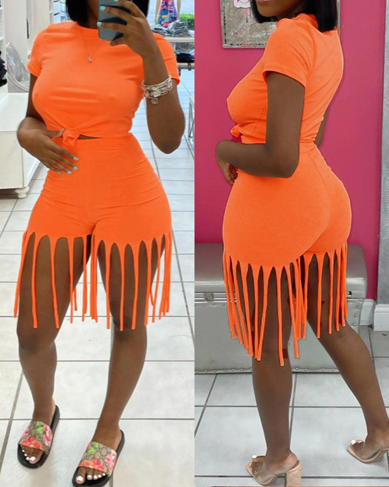 Damen 2-teiliger Kleidungsanzug, einfarbig, kurzärmelig, Shorts-Set mit Quastenbesatz und hoher Taille