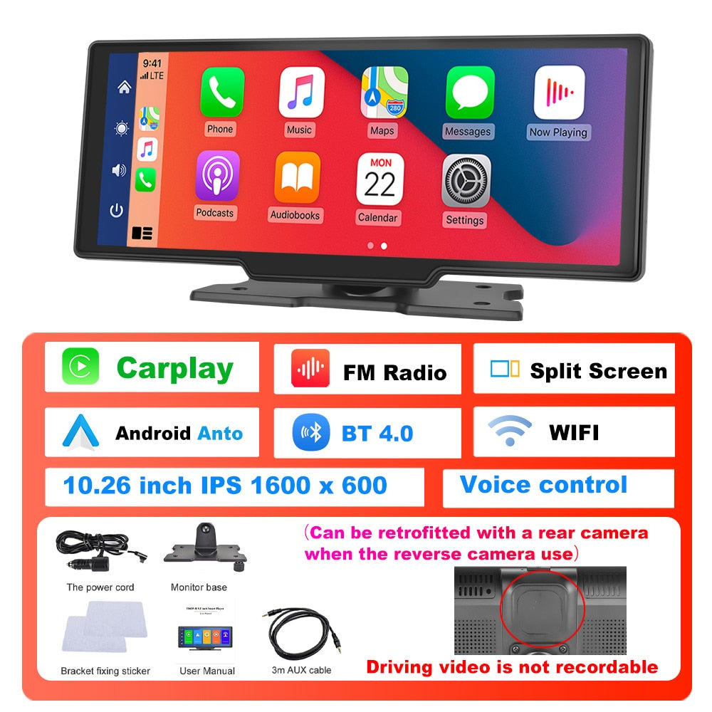 Podofo Autospiegel-Videoaufzeichnung Carplay, Android Auto Wireless-Verbindung GPS-Navigation Dashboard DVR mit AI Voice