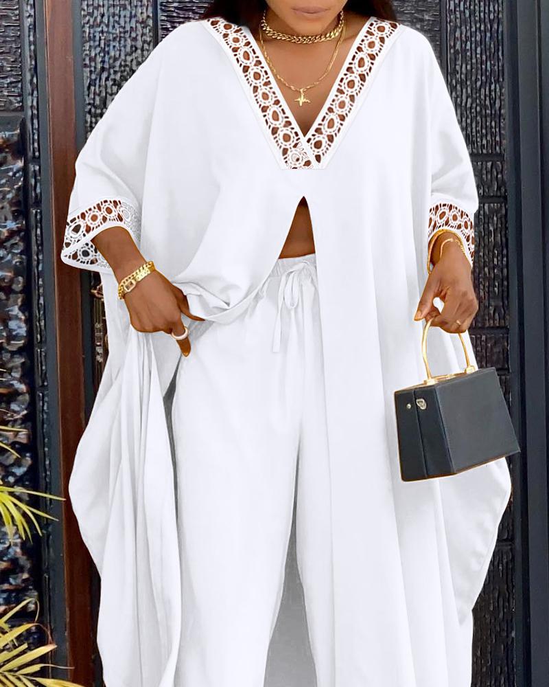 Langes Top mit kontrastierender Spitze und hohem Schlitz mit Hosen-Set