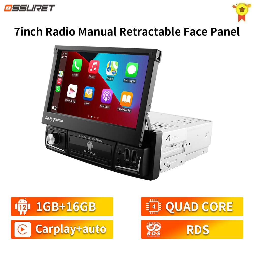 Hizpo Android 12 Universal 1din Autoradio, CarPlay GPS Navigation, Multimedia Player 1 Din Stereo 7 Zoll manuell einziehbarer Bildschirm
