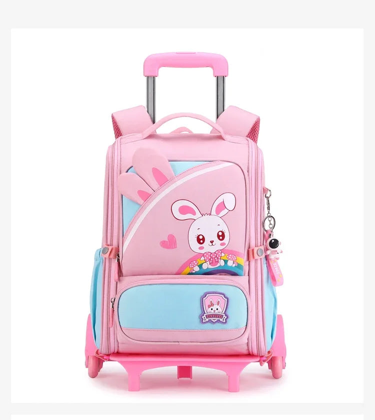 Children's Fashion Cartoon School Bags with 6 Wheels Trolley Backpack Teenagers Girls Rolling Backpack Students Kids Backpack