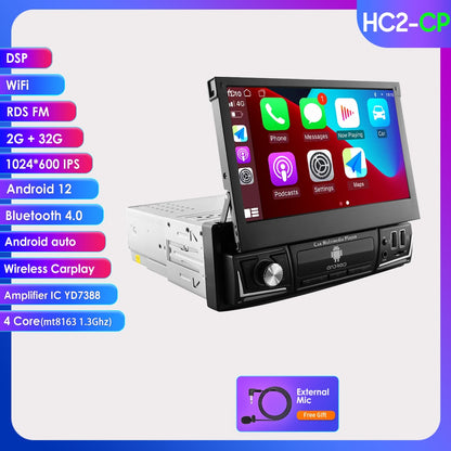 Hizpo Android 12 Universal 1din Autoradio, CarPlay GPS Navigation, Multimedia Player 1 Din Stereo 7 Zoll manuell einziehbarer Bildschirm