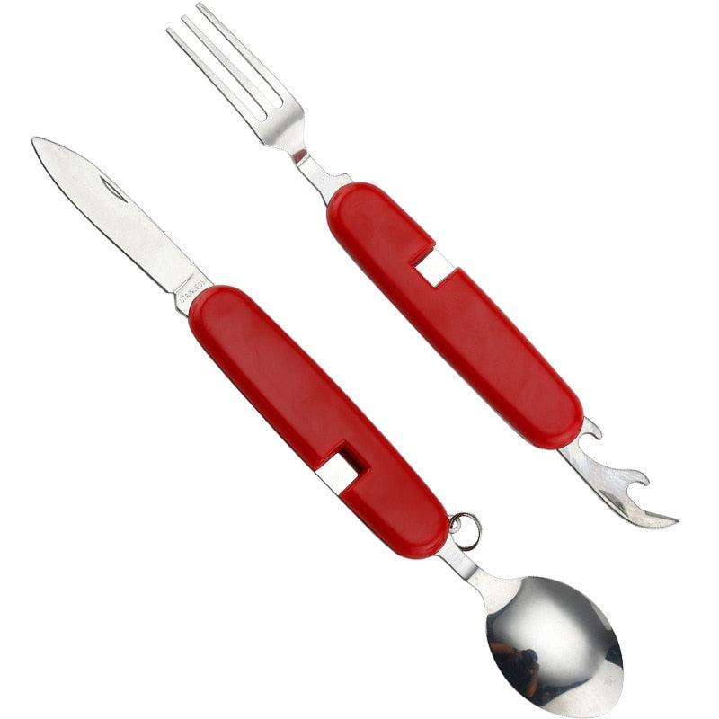 4 in 1 Multifunktionales Outdoor-Geschirr aus Edelstahl, faltbar, Gabel, Löffel, Messer, ideal für Picknick, Camping, Wandern, Reisen