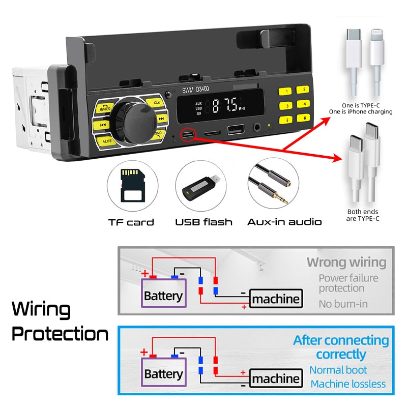 Autoradio Bluetooth 1 Din MP3-Player Freisprecheinrichtung A2DP Typ C, USB TF Aux APP Fernbedienung Handyhalter Audiosystem Kopfeinheit D3400