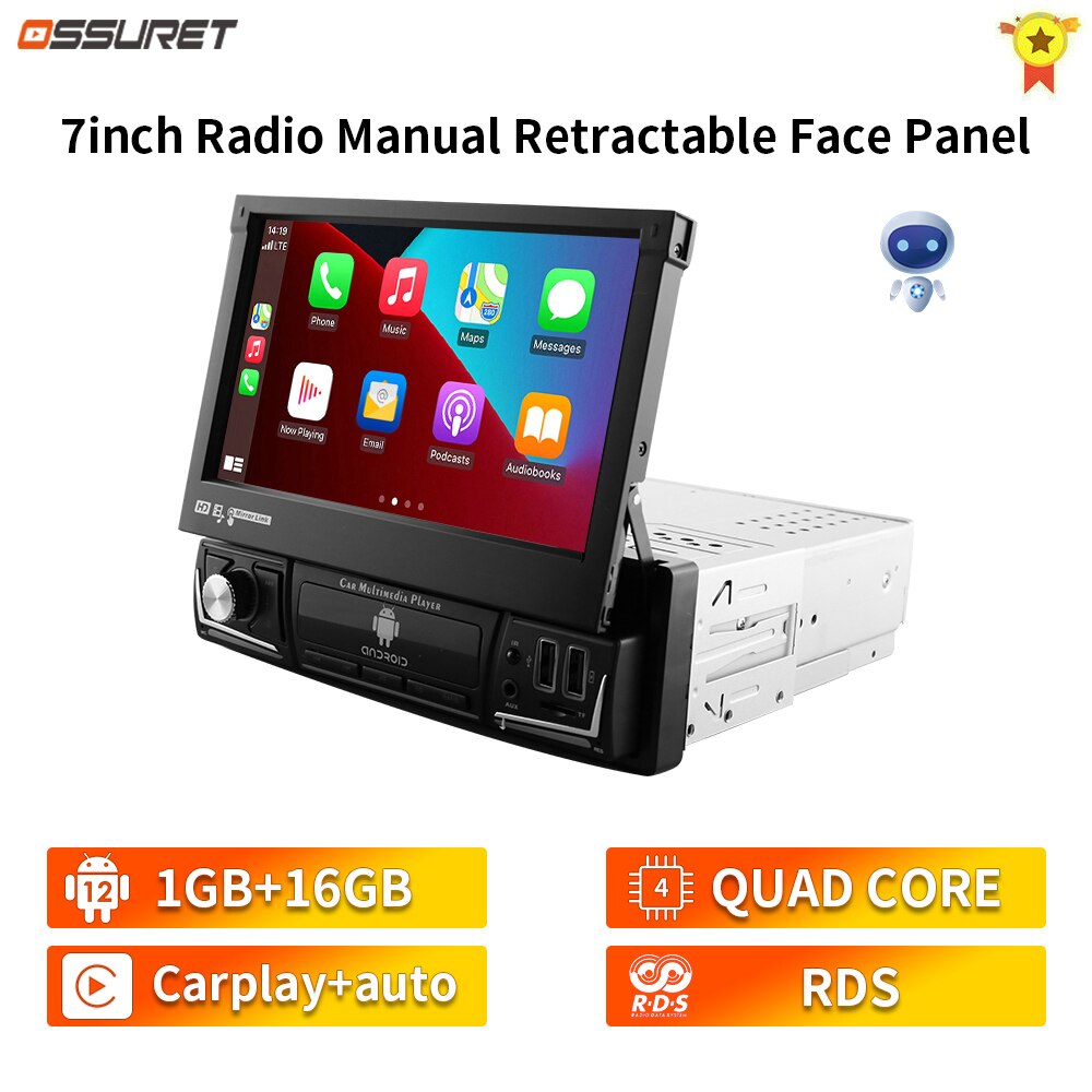 Hizpo Android 12 Universal 1din Autoradio, CarPlay GPS Navigation, Multimedia Player 1 Din Stereo 7 Zoll manuell einziehbarer Bildschirm