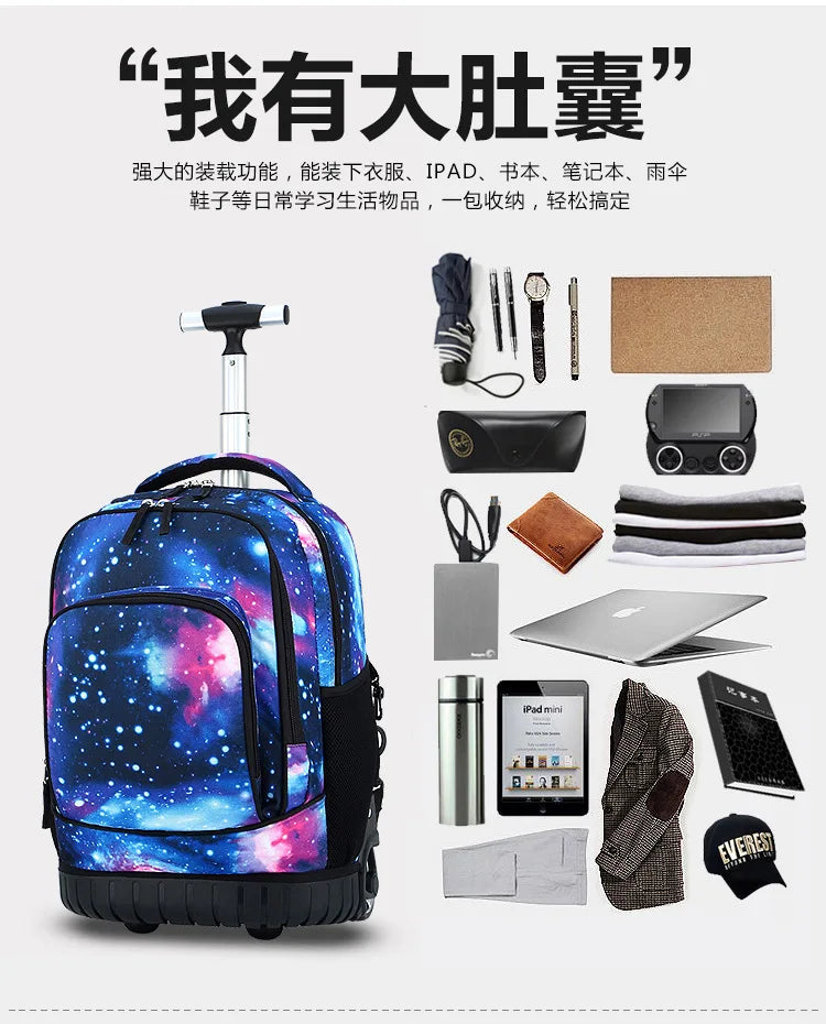 Men Trolley Backpack Rolling Luggage Suitcase Large Capacity Children Boys Backpacks with Wheels Girls Waterproof School Bag