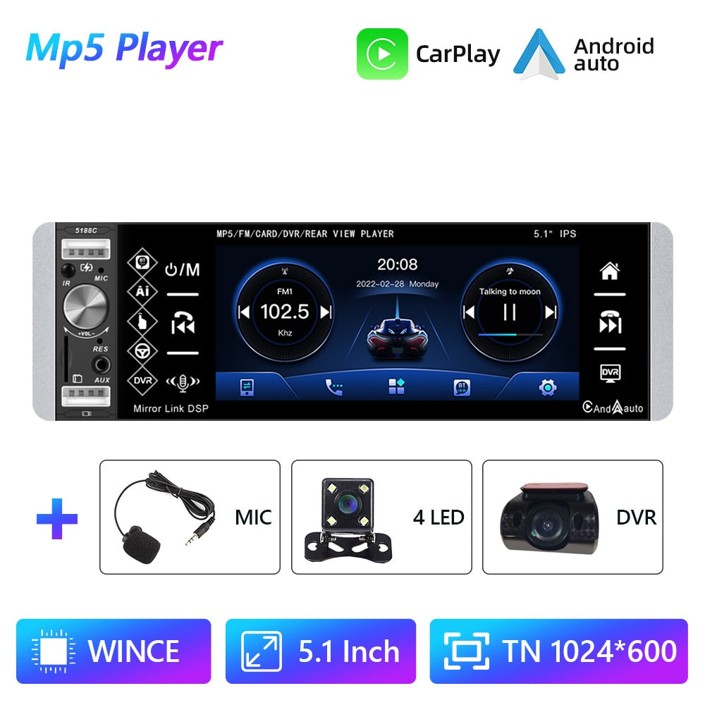 Podofo 1DIN MP5 Player Touch Autoradio FM 4-USB 5,1 Zoll, Unterstützt Android Mirrorlink Bluetooth Carplay Autoradio DVR