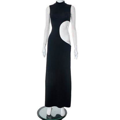 Damen Schwarz Aushöhlen langes Sommerkleid, Sexy Ärmel, Figurbetontes Maxi Abend Partykleid