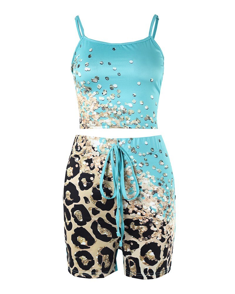 3PCS Damen Kontrast Leopardenmuster Geripptes Crop Tank Top & Kordelzug Shorts mit Weste
