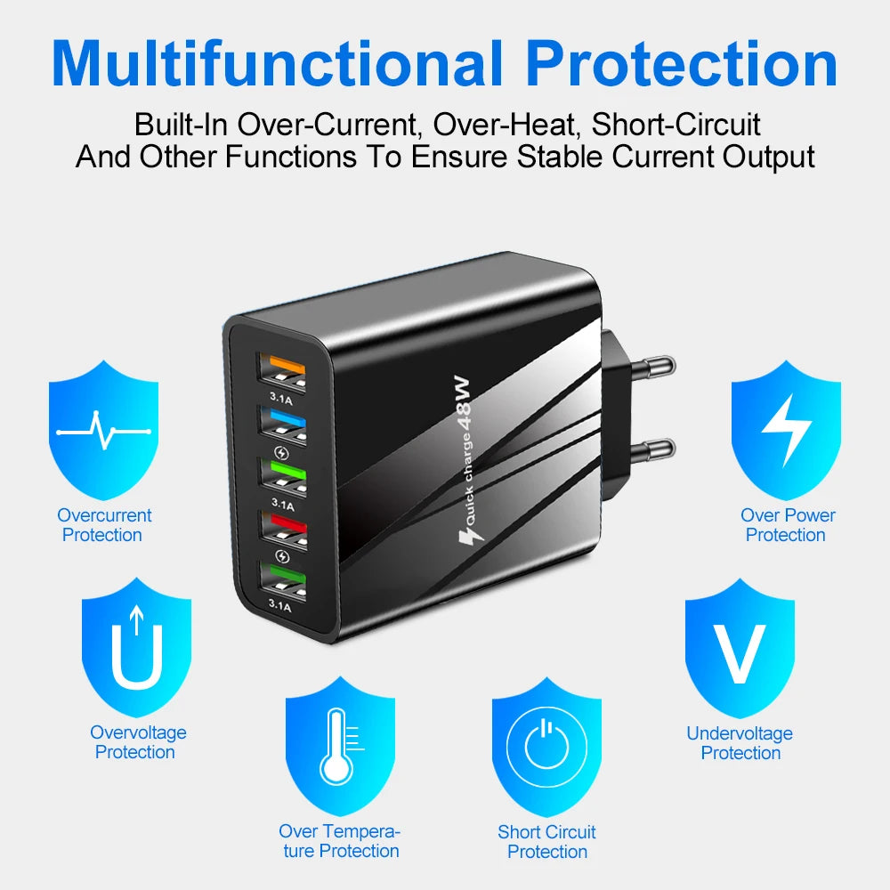 48W USB Charger Fast Charge QC 3.0 Wall Charger Adapter For iPhone 14 13 Samsung Xiaomi Mobile Phone Charger 5 Ports EU US Plug