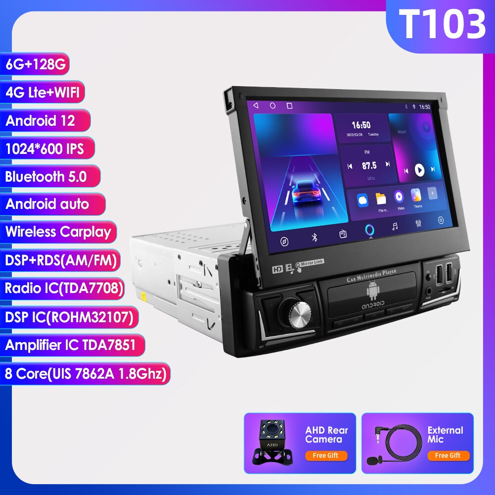 Hizpo Android 12 Universal 1din Autoradio, CarPlay GPS Navigation, Multimedia Player 1 Din Stereo 7 Zoll manuell einziehbarer Bildschirm