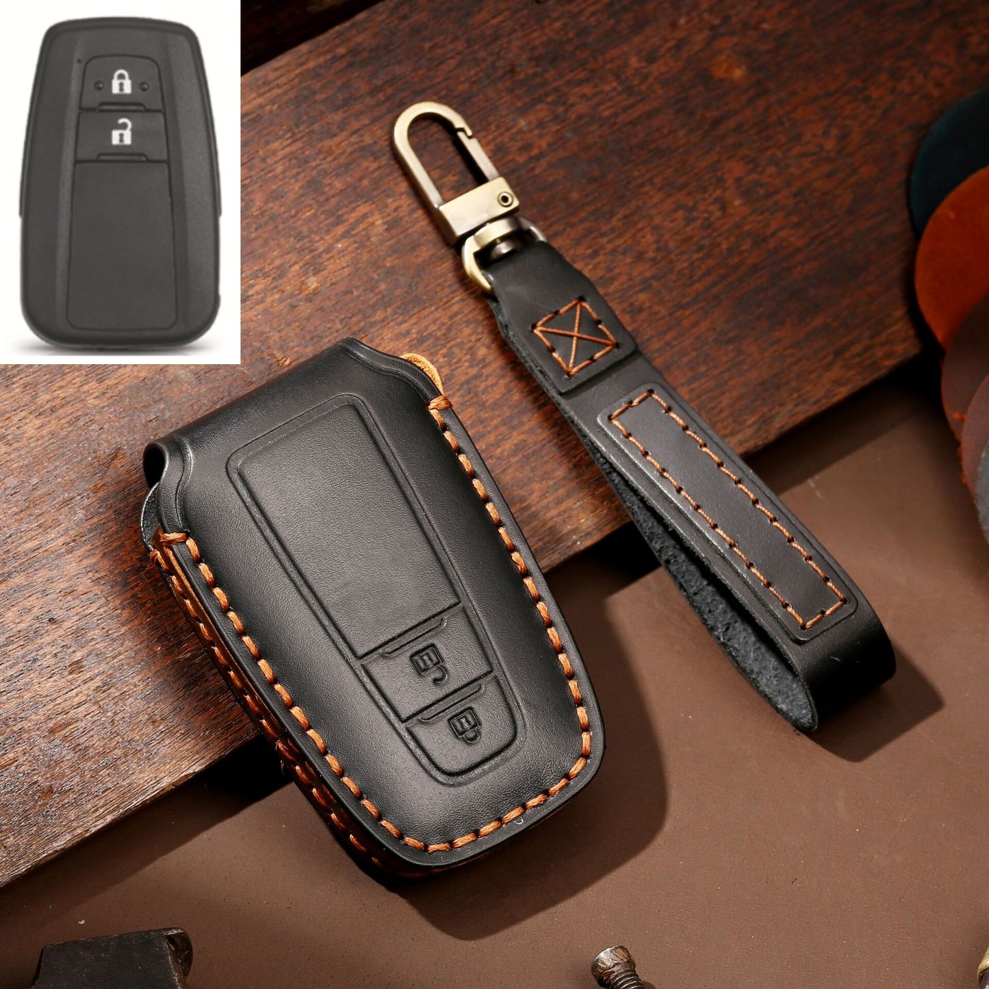 Leder Auto Fernbedienung Schlüsseletui-Abdeckung, Schlüsselanhänger für Toyota Camry, CHR, Corolla, RAV4, Avalon, Land Cruiser, Prado, Prius 2017 - 2022