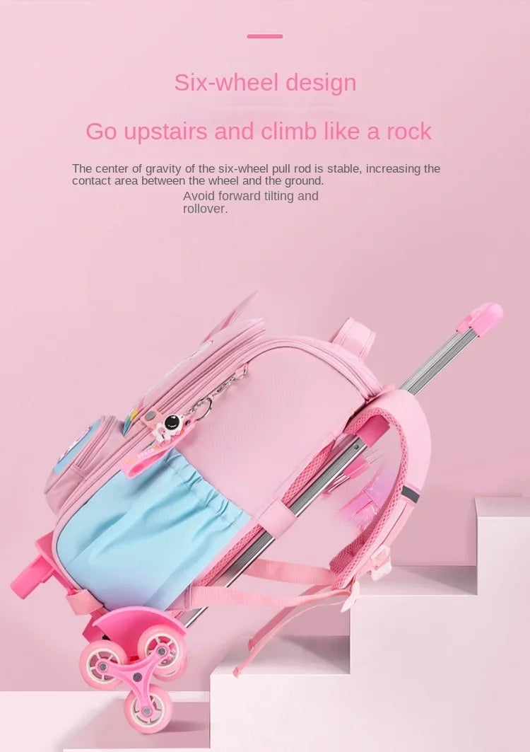 Children's Fashion Cartoon School Bags with 6 Wheels Trolley Backpack Teenagers Girls Rolling Backpack Students Kids Backpack