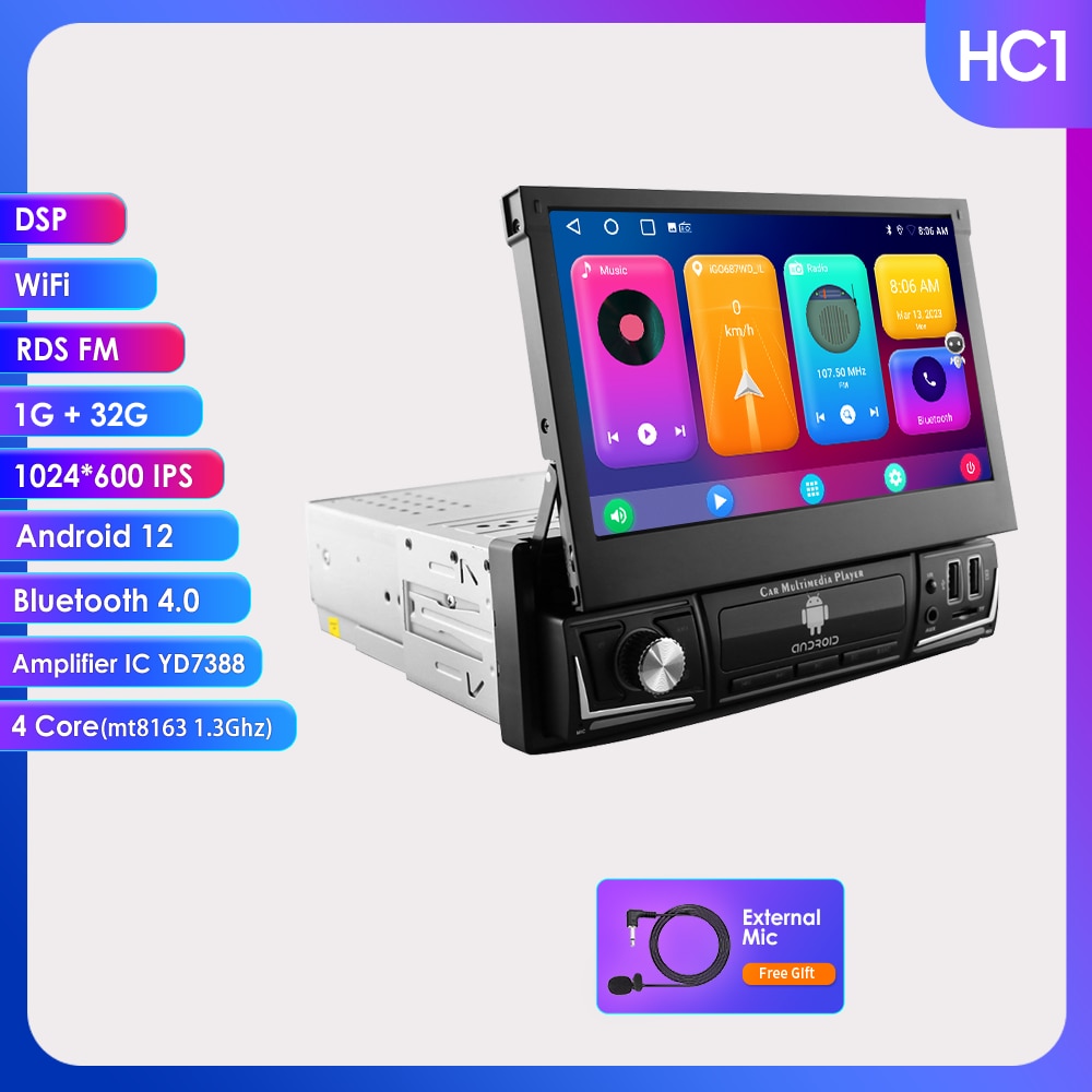 Hizpo Android 12 Universal 1din Autoradio, CarPlay GPS Navigation, Multimedia Player 1 Din Stereo 7 Zoll manuell einziehbarer Bildschirm