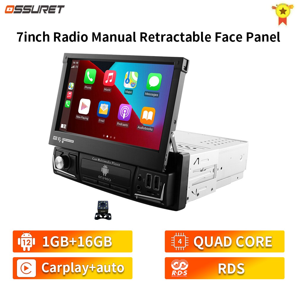 Hizpo Android 12 Universal 1din Autoradio, CarPlay GPS Navigation, Multimedia Player 1 Din Stereo 7 Zoll manuell einziehbarer Bildschirm