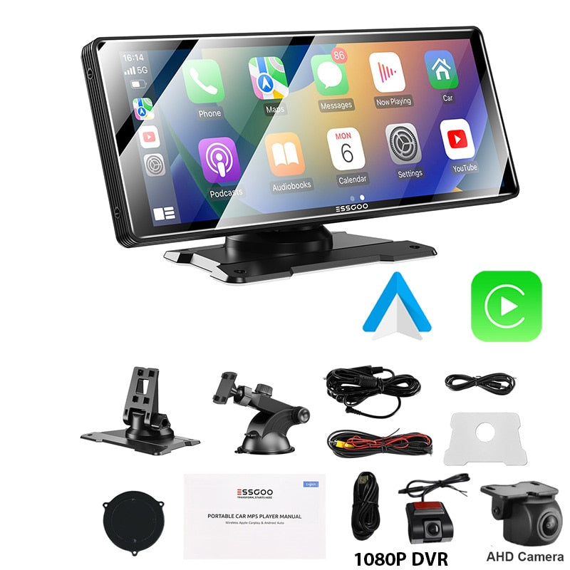 ESSGOO 10,26" Apple Carplay Autoradio, Automotive Multimedia Player Wireless Android Auto MirrorLink WiFi FM Car Play