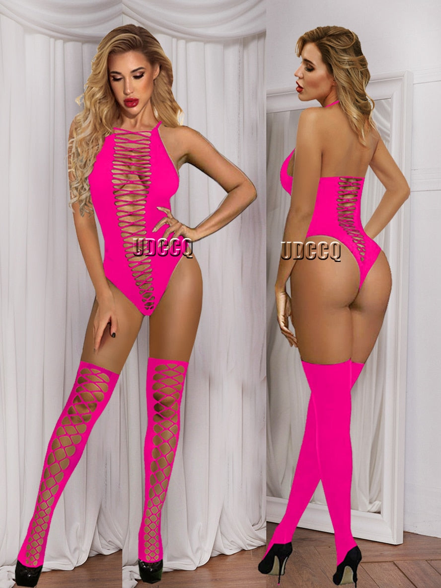 Sexy gehäkelte Fischnetz-Cosplay-Dessous, Nachtwäsche, sexy Kleid in fluoreszierendem Rosa