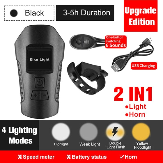 Fahrradlicht, USB wiederaufladbar, Fahrrad-Kilometerzähler, Frontlicht, Taschenlampe mit Computer, LCD-Tachometer, Radfahren, Kopf, Laterne, Horn