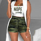 3PCS Damen Kontrast Leopardenmuster Geripptes Crop Tank Top & Kordelzug Shorts mit Weste