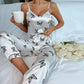 Damen-Pyjama-Set mit Schmetterlingsdruck, Cami-Top mit Hose, Satin-Pyjama-Set