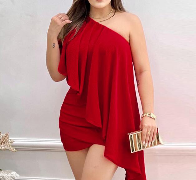 Asymmetrisch, Geometrisch Schulter Rüschen Party Kleid für Damen, Ärmellose Sexy Rüschen Mini Kleid