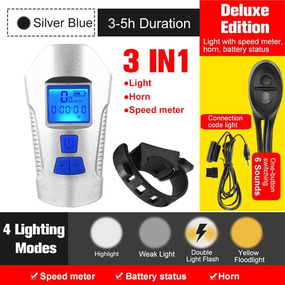 Fahrradlicht, USB wiederaufladbar, Fahrrad-Kilometerzähler, Frontlicht, Taschenlampe mit Computer, LCD-Tachometer, Radfahren, Kopf, Laterne, Horn