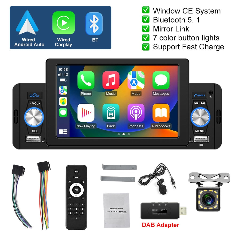 Podofo 5 zoll Auto Radio 1 Din CarPlay, Android Auto Multimedia Player Bluetooth MirrorLink, FM Empfänger für Volkswagen Nissan