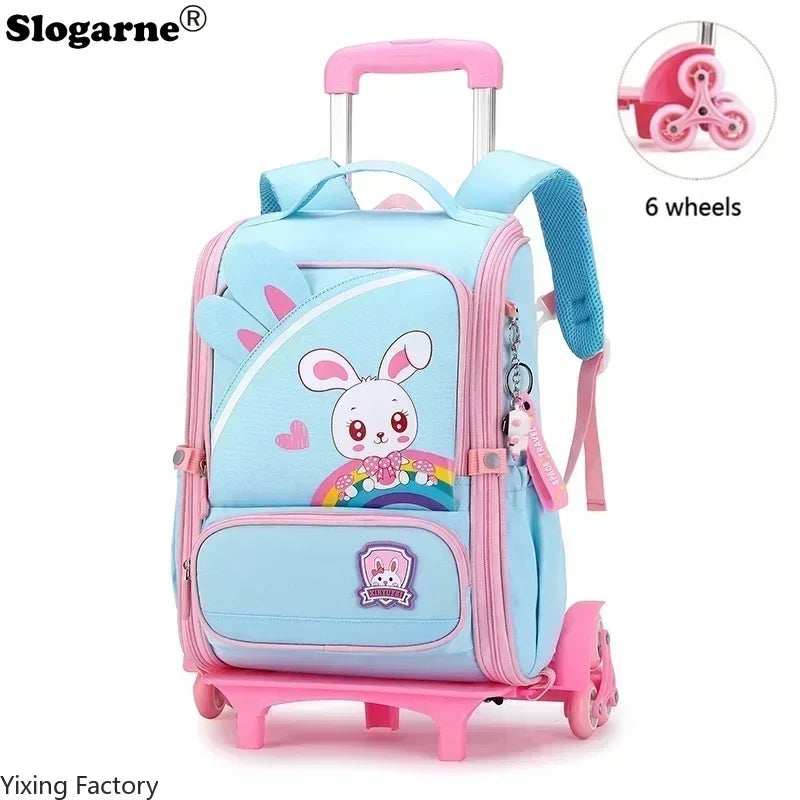 Children's Fashion Cartoon School Bags with 6 Wheels Trolley Backpack Teenagers Girls Rolling Backpack Students Kids Backpack