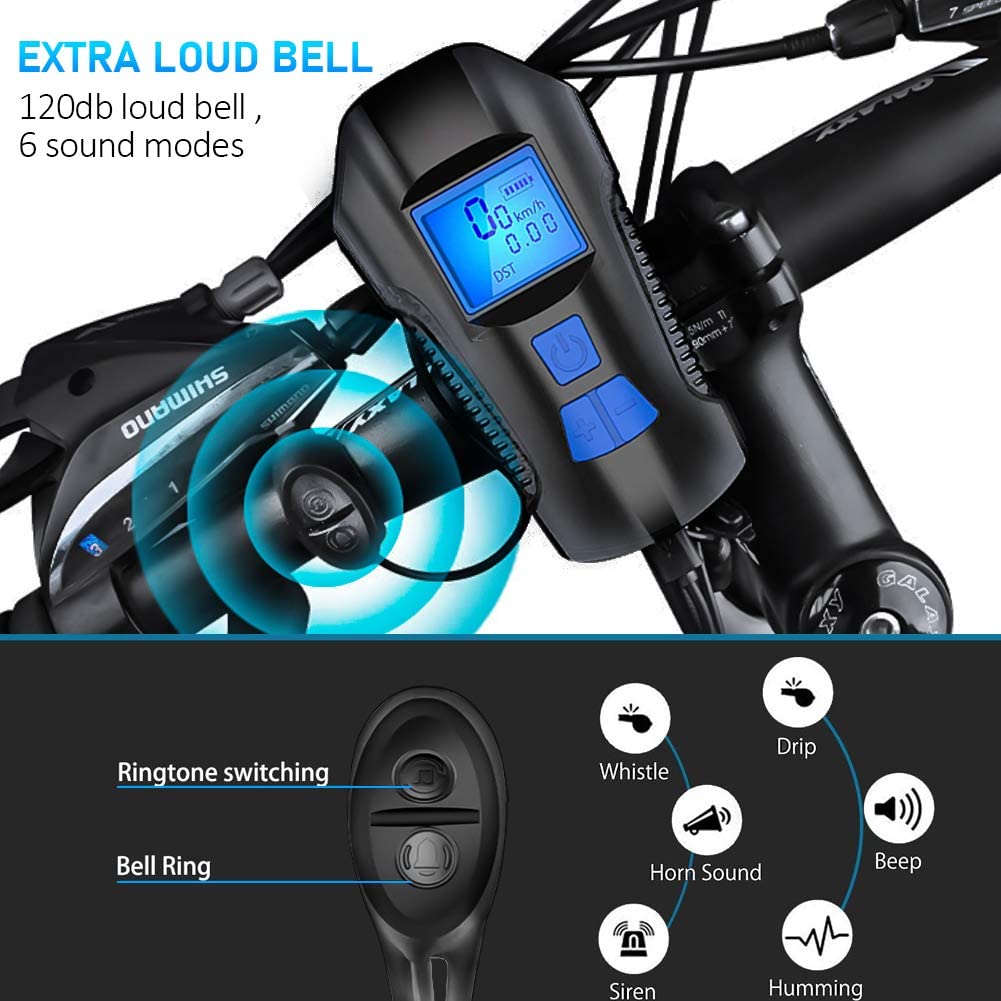 Fahrradlicht, USB wiederaufladbar, Fahrrad-Kilometerzähler, Frontlicht, Taschenlampe mit Computer, LCD-Tachometer, Radfahren, Kopf, Laterne, Horn